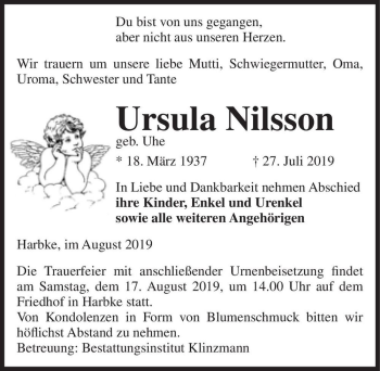Traueranzeige von Ursula Nilsson (geb. Uhe)  von Magdeburger Volksstimme
