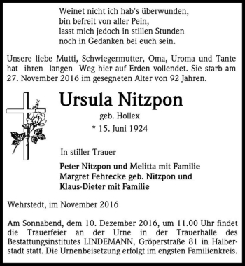 Traueranzeige von Ursula Nitzpon (geb. Hollex)  von Magdeburger Volksstimme