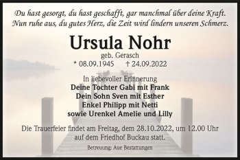 Traueranzeige von Ursula Nohr (geb. Gerasch)  von Magdeburger Volksstimme
