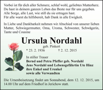 Traueranzeige von Ursula Nordahl  von Magdeburger Volksstimme
