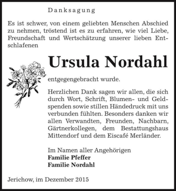 Traueranzeige von Ursula Nordahl  von Magdeburger Volksstimme