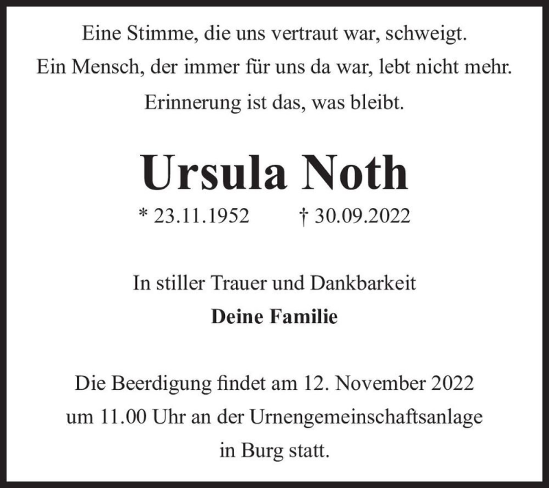  Traueranzeige für Ursula Noth  vom 05.11.2022 aus Magdeburger Volksstimme