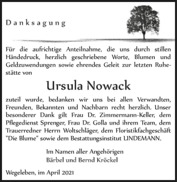 Traueranzeige von Ursula Nowack  von Magdeburger Volksstimme
