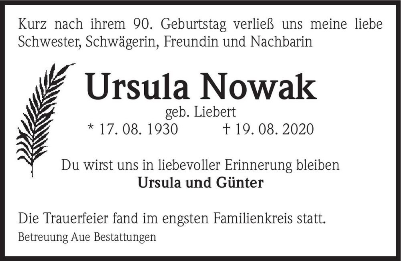  Traueranzeige für Ursula Nowak (geb. Liebert)  vom 12.09.2020 aus Magdeburger Volksstimme