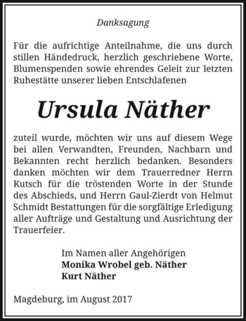 Traueranzeige von Ursula Näther  von Magdeburger Volksstimme