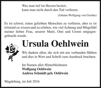 Traueranzeige von Ursula Oehlwein  von Magdeburger Volksstimme