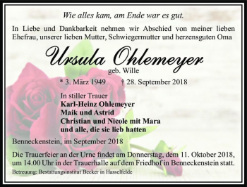 Traueranzeige von Ursula Ohlemeyer (geb. Wille)  von Magdeburger Volksstimme