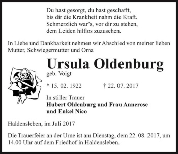 Traueranzeige von Ursula Oldenburg (geb. Voigt)  von Magdeburger Volksstimme
