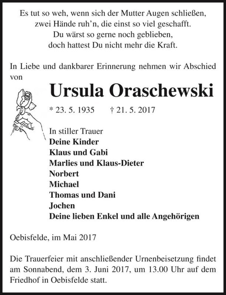  Traueranzeige für Ursula Oraschewski  vom 24.05.2017 aus Magdeburger Volksstimme