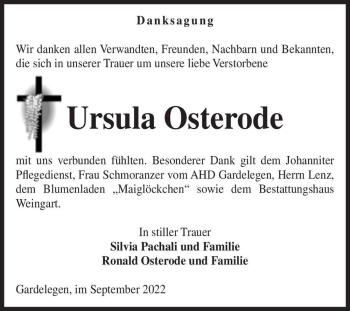 Traueranzeige von Ursula Osterode  von Magdeburger Volksstimme