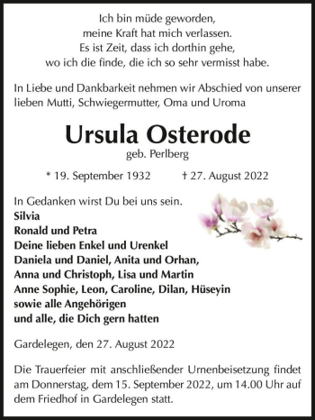 Traueranzeige von Ursula Osterode (geb. Perlberg)  von Magdeburger Volksstimme