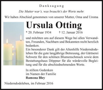 Traueranzeige von Ursula Otting  von Magdeburger Volksstimme