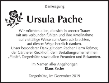 Traueranzeige von Ursula Pache  von Magdeburger Volksstimme