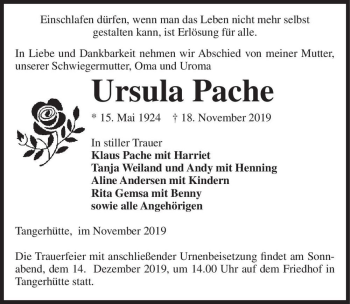 Traueranzeige von Ursula Pache  von Magdeburger Volksstimme