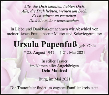 Traueranzeige von Ursula Papenfuß (geb. Ohle)  von Magdeburger Volksstimme