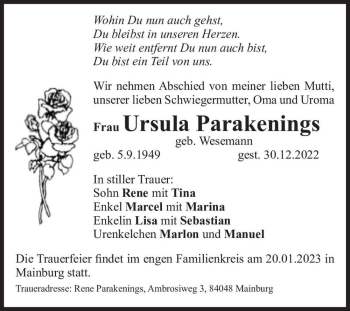 Traueranzeige von Ursula Parakenings (geb. Wesemann)  von Magdeburger Volksstimme