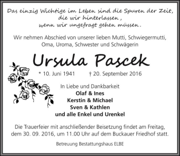 Traueranzeige von Ursula Pascek  von Magdeburger Volksstimme