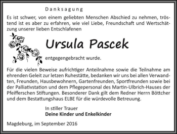Traueranzeige von Ursula Pascek  von Magdeburger Volksstimme