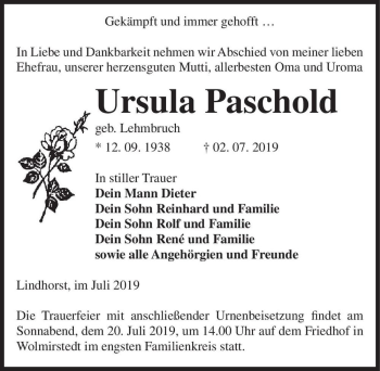 Traueranzeige von Ursula Paschold (geb. Lehmsbruch)  von Magdeburger Volksstimme