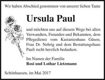 Traueranzeige von Ursula Paul  von Magdeburger Volksstimme