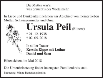 Traueranzeige von Ursula Peil (Blinow)  von Magdeburger Volksstimme