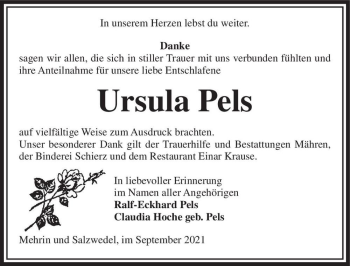 Traueranzeige von Ursula Pels  von Magdeburger Volksstimme