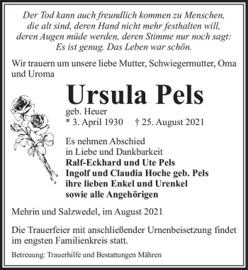 Traueranzeige von Ursula Pels (geb. Heuer)  von Magdeburger Volksstimme