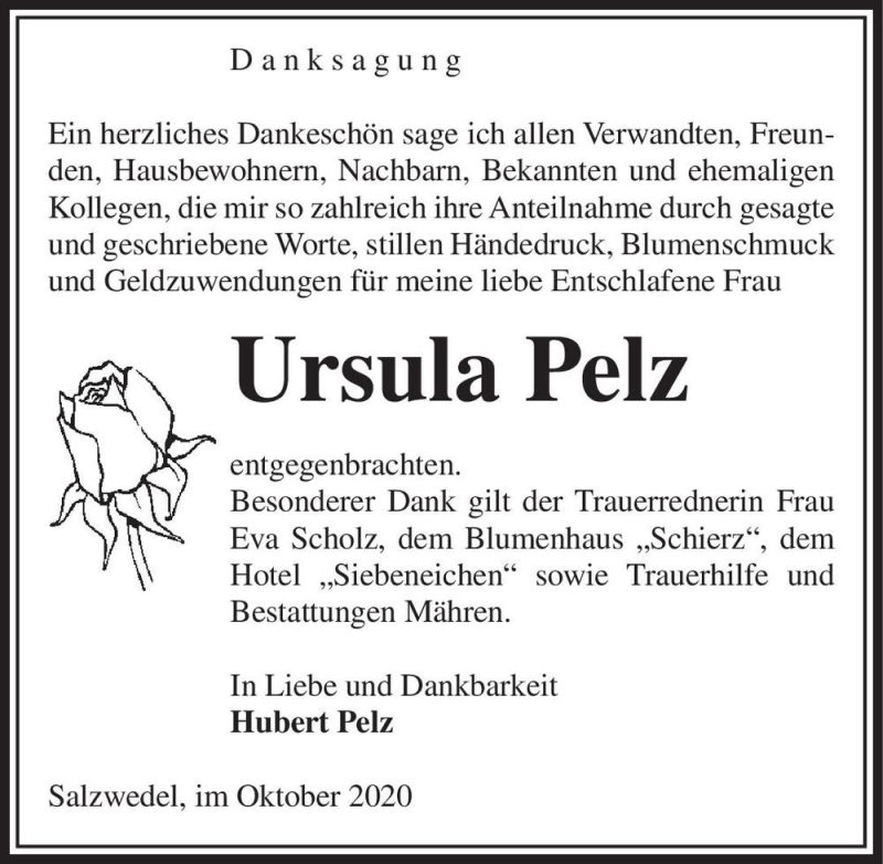  Traueranzeige für Ursula Pelz  vom 09.10.2020 aus Magdeburger Volksstimme