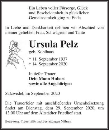 Traueranzeige von Ursula Pelz (geb. Kohlhaas)  von Magdeburger Volksstimme