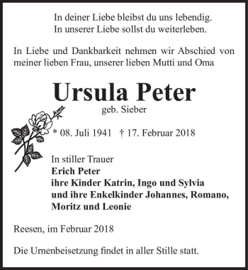 Traueranzeige von Ursula Peter (geb. Sieber)  von Magdeburger Volksstimme