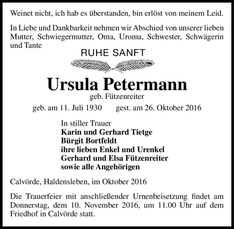  Traueranzeige für Ursula Petermann (geb. Fützenreiter)  vom 01.11.2016 aus Magdeburger Volksstimme