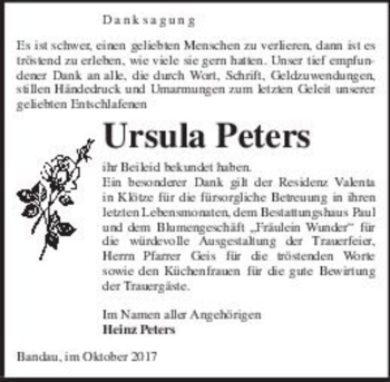 Traueranzeige von Ursula Peters  von Magdeburger Volksstimme