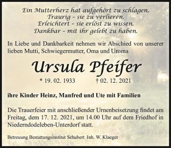 Traueranzeige von Ursula Pfeifer  von Magdeburger Volksstimme