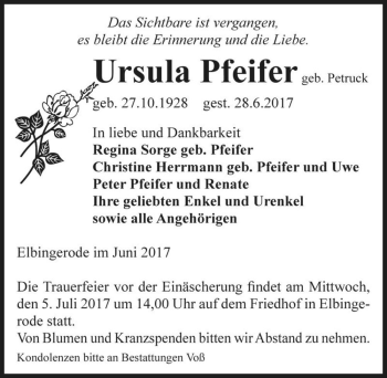 Traueranzeige von Ursula Pfeifer (geb. Petruck)  von Magdeburger Volksstimme