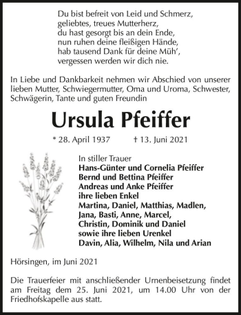 Traueranzeige von Ursula Pfeiffer  von Magdeburger Volksstimme