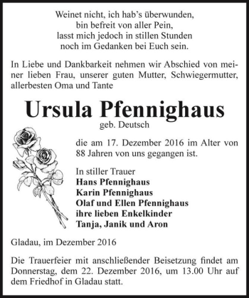 Traueranzeige von Ursula Pfennighaus (geb. Deutsch)  von Magdeburger Volksstimme