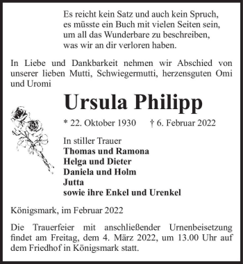 Traueranzeige von Ursula Philipp  von Magdeburger Volksstimme