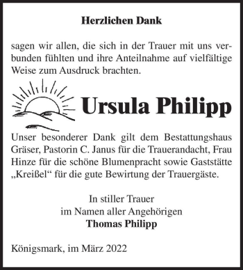 Traueranzeige von Ursula Philipp  von Magdeburger Volksstimme