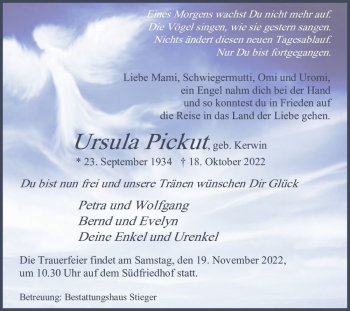 Traueranzeige von Ursula Pickut (geb. Kerwin)  von Magdeburger Volksstimme