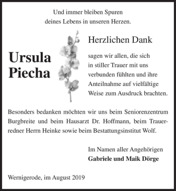 Traueranzeige von Ursula Piecha  von Magdeburger Volksstimme