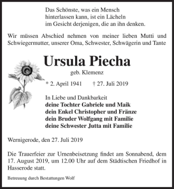 Traueranzeige von Ursula Piecha (geb. Klemenz)  von Magdeburger Volksstimme