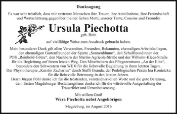 Traueranzeige von Ursula Piechotta (geb. Hein)  von Magdeburger Volksstimme