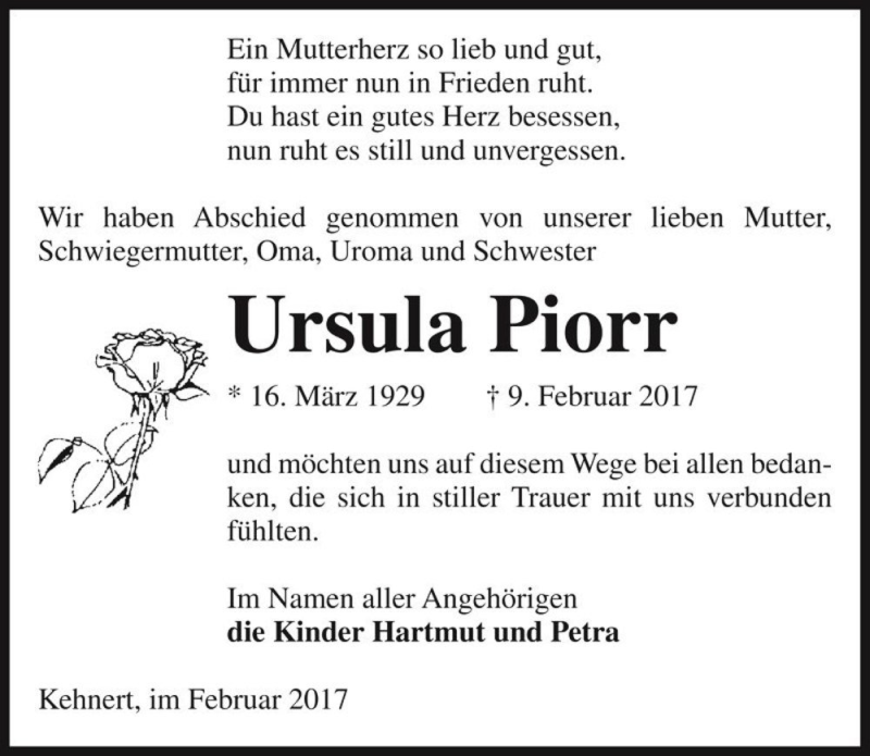  Traueranzeige für Ursula Piorr  vom 25.02.2017 aus Magdeburger Volksstimme