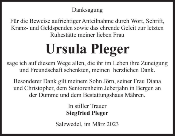 Traueranzeige von Ursula Pleger  von Magdeburger Volksstimme