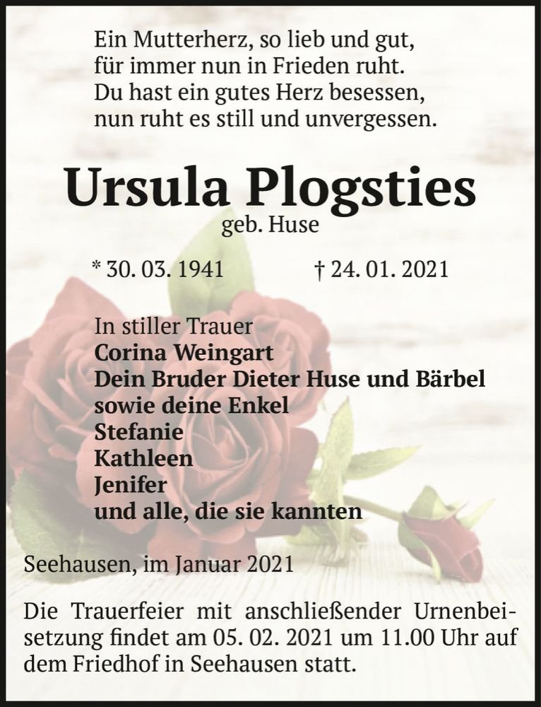  Traueranzeige für Ursula Plogsties (geb. Huse)  vom 30.01.2021 aus Magdeburger Volksstimme