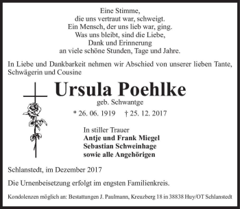 Traueranzeige von Ursula Poehlke (geb. Schwantge)  von Magdeburger Volksstimme