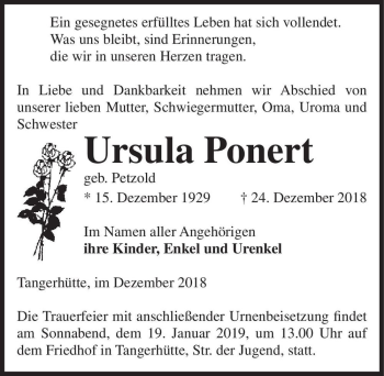 Traueranzeige von Ursula Ponert (geb. Petzold)  von Magdeburger Volksstimme