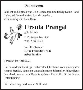 Traueranzeige von Ursula Prengel (geb. Fellner)  von Magdeburger Volksstimme