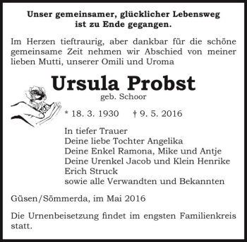 Traueranzeige von Ursula Probst (geb. Schoor)  von Magdeburger Volksstimme