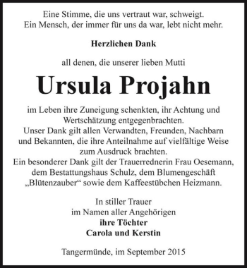 Traueranzeige von Ursula Projahn  von Magdeburger Volksstimme